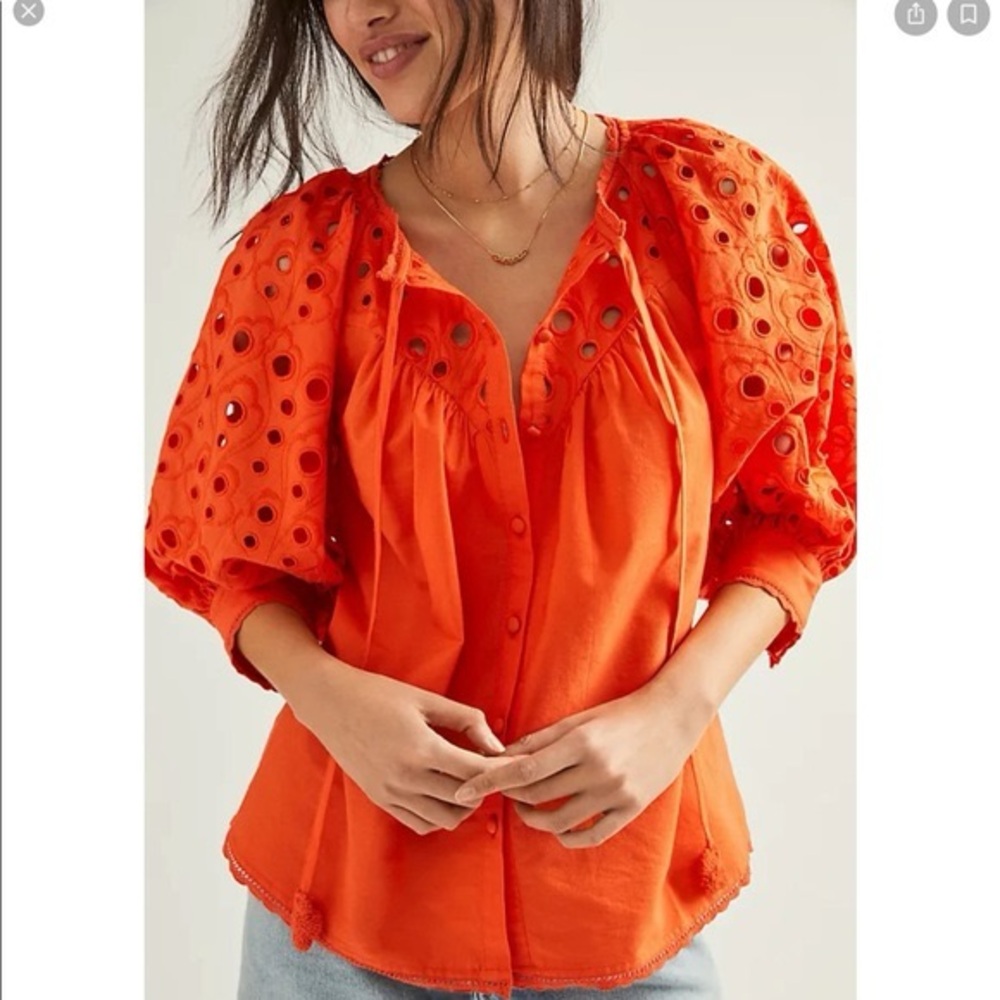 Anthropologie Vibrant Orange Puff Sleeve Eyelet Blouse Top Size XS